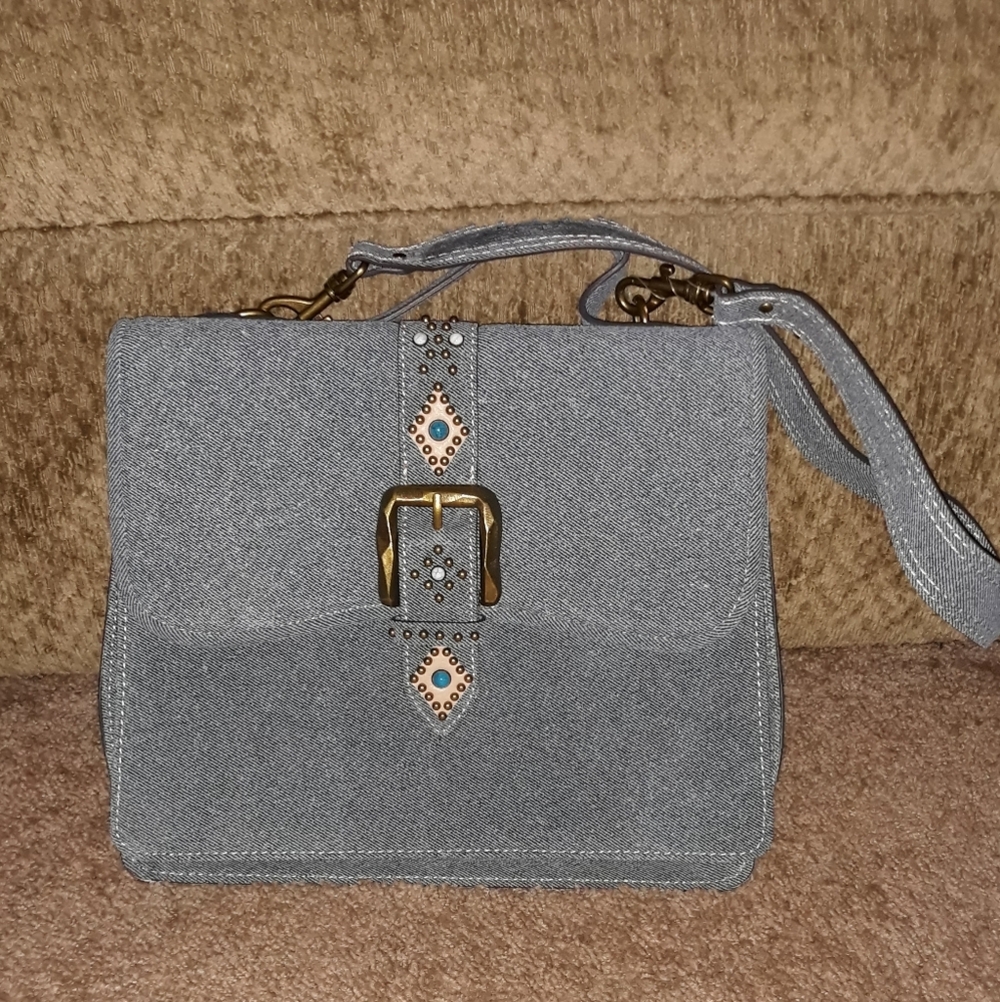 Aimee Kestenberg (Blue) Denim Fold Top Handle Convertible Crossbody Saddle Bag